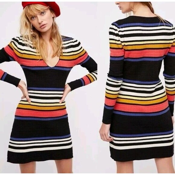 Free People Dresses & Skirts - Free People Gidget Knit Striped  Sweater Dress, Black Multi Size S Cotton French
